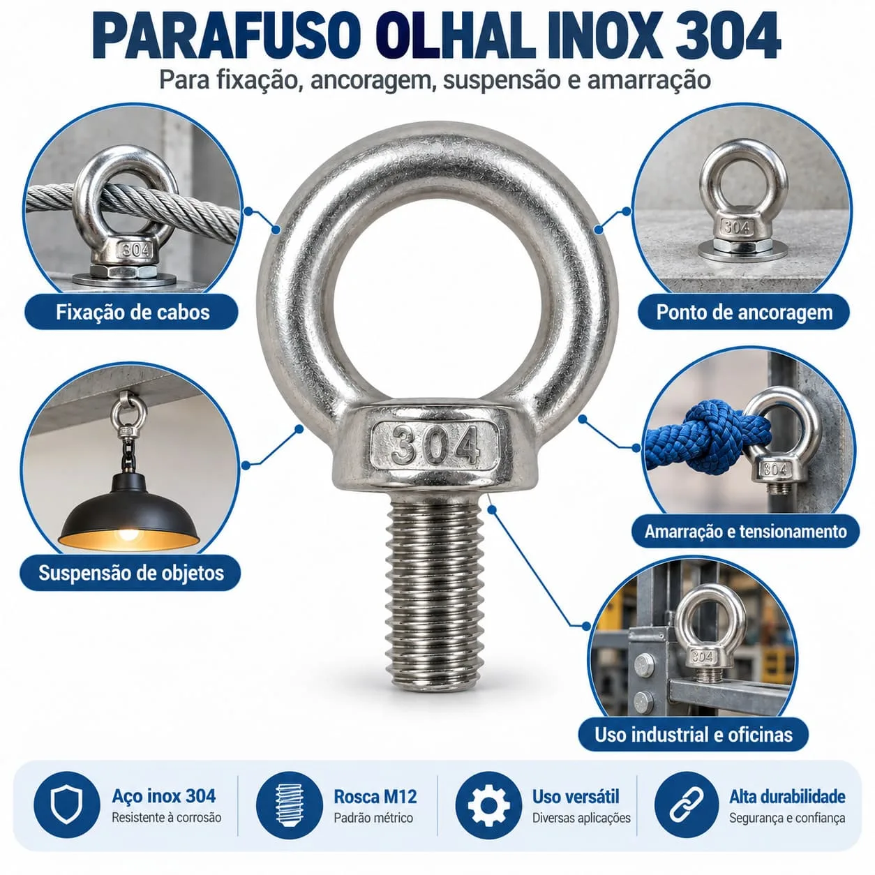 Kit 4 Parafusos Olhal M12 Aço Inox 304 Rosca Macho - Imagem 4