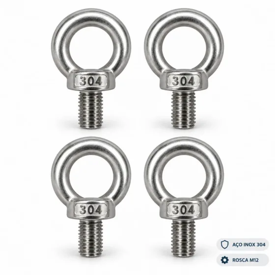 Kit 4 Parafusos Olhal M12 Aço Inox 304 Rosca Macho