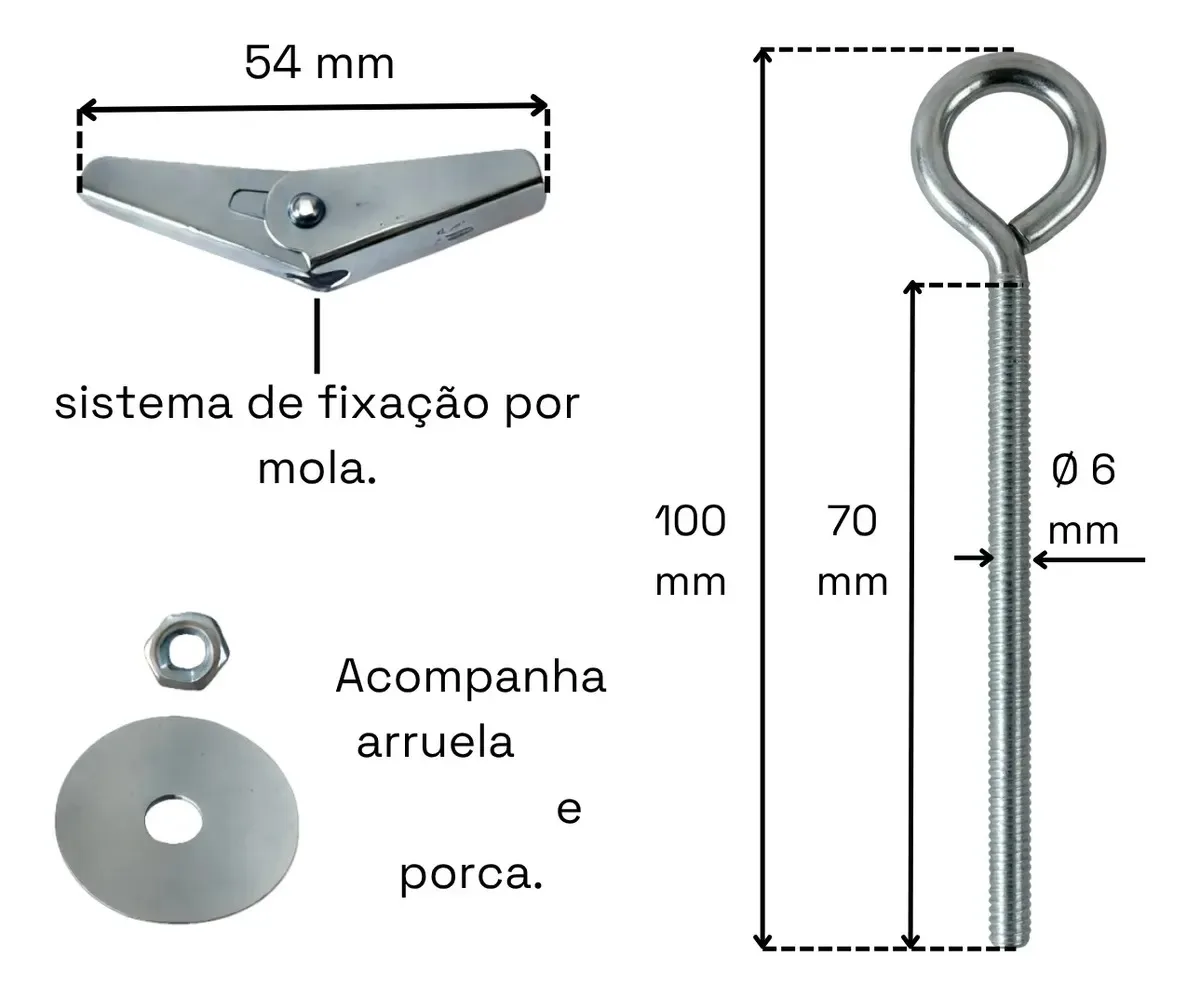 Kit 10 Gancho Olhal Bucha Basculante M6x70mm Teto Drywall - Imagem 5