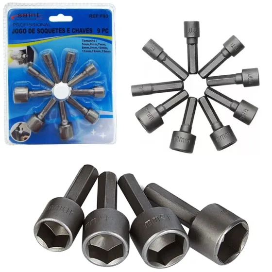 Jogo Bits Sextavado 9 Peças 5mm a 13mm P/ Parafusadeira