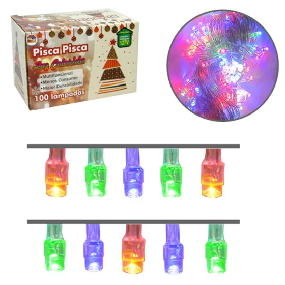 Pisca Pisca Led Colorido 100 lampadas 110V 8 Funções Natal