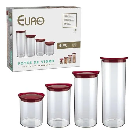 Conjunto De Potes De Vidro Slim 4 Peças Vermelho Euro Home
