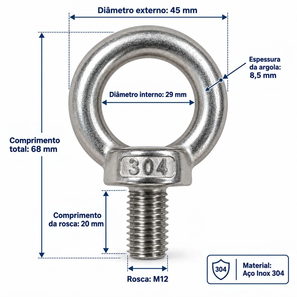 Kit 4 Parafusos Olhal M12 Aço Inox 304 Rosca Macho - Imagem 5
