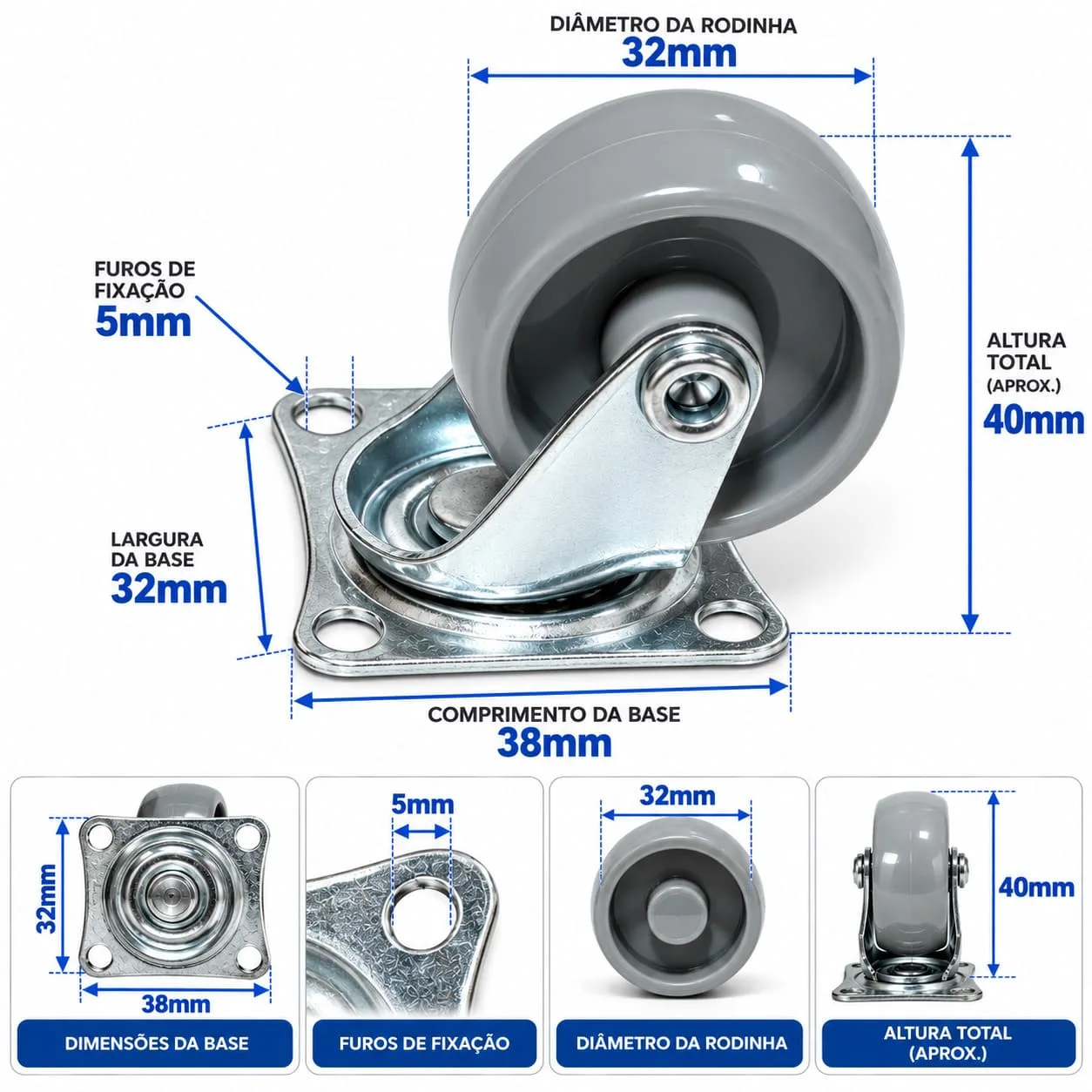 Kit 4 Rodízios Giratórios 360° 32mm com Placa para Móveis - Imagem 4